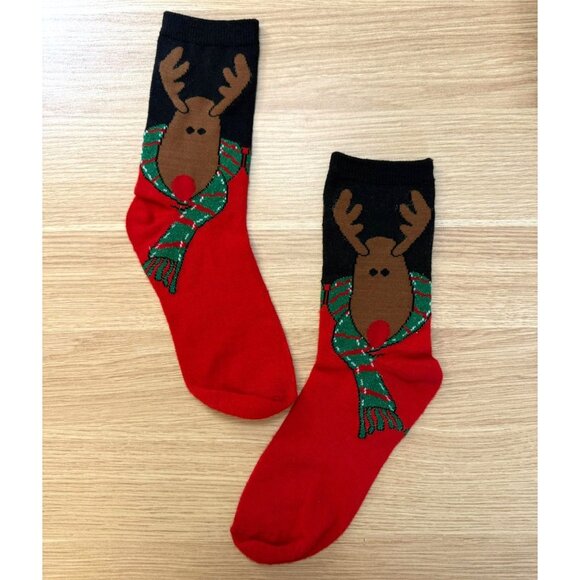 Holiday Reindeer Knit Socks Festive Glittery Scarf Design Christmas Red Black - Picture 7 of 8
